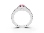 Fancy Pink Cushion Cut Diamond Halo Ring Set in White gold with Pavé Split Shank and Prong Setting