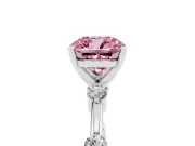 Fancy Pink Cushion Cut Diamond Solitaire Ring Set in White gold with Bezel Set Side Stones and Prong Setting