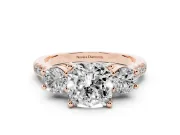 Three-Stone Cushion Cut Diamond Pavé Band Ring Set in Rose gold with Prong-Set Trio