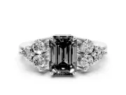 Fancy Black Emerald Cut Diamond Solitaire Ring Set in Silver with Cluster Accents on Each Side