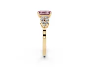 Fancy Pink Emerald Cut Diamond Cluster Engagement Ring Set in Yellow gold with Pavé Band and Prong Setting