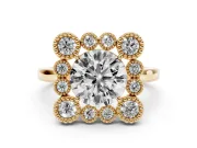 Round Vintage Milgrain Bezel Cluster Halo Engagement Ring Setting | Plain Band | Yellow Gold