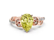 Fancy Yellow Pear Cut Diamond Solitaire Leaf-Inspired Ring Set in Rose gold with Pavé Band and Prong Setting
