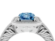 Fancy Blue Radiant Cut Diamond Halo Ring Set in Platinum with Round Accent Halo, Pavé Band and Prong Setting