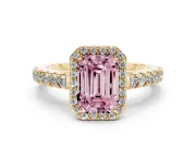 Fancy Pink Emerald Cut Diamond Halo Engagement Ring Set in Yellow gold with Pavé Band and Prong Setting