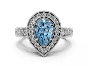 Fancy Blue Pear Cut Diamond Halo Ring Set in Platinum with Round Accent Halo, Pavé Band and Prong Setting
