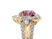 Fancy Pink Heart Cut Diamond Halo Split Shank Engagement Ring Set in Yellow gold with Prong-Held Center Stone