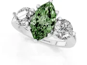 Fancy Green Marquise Cut Diamond Three-Stone Ring Set in Platinum with Prong Setting and Classic Band