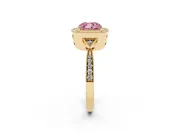 Fancy Pink Cushion Cut Diamond Halo Engagement Ring Set in Yellow gold with Milgrain Pavé Band