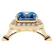 Asscher Cut Halo Engagement Ring Setting for a Fancy Blue Lab-Grown Diamond | Bezel Station Shoulders | Yellow Gold