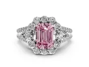 Fancy Pink Emerald Cut Diamond Halo Split Shank Engagement Ring Set in Silver with Prong-Held Center Stone