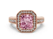 Fancy Pink Radiant Cut Diamond Halo Ring Set in Rose gold with Round Accent Halo, Pavé Band and Prong Setting