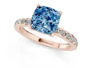 Fancy Blue Cushion Cut Diamond Solitaire Set in Rose gold with Round Pavé Band and Prong Setting