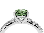 Fancy Green Oval Cut Diamond Solitaire Vine Band Ring Set in White gold with Round Accents and Prong Setting