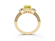 Fancy Yellow Cushion Cut Diamond Three-Stone Ring Set in Yellow gold with Round Side Stones and Pavé Band