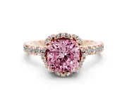 Fancy Pink Cushion Cut Diamond Halo Pavé Band Ring Set in Rose gold with Prong-Held Center