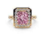 Radiant Cut Halo Engagement Ring Setting for a Fancy Pink Lab-Grown Diamond | Bezel Station Shoulders | Yellow Gold