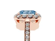 Fancy Blue Emerald Cut Diamond Floral Halo Ring Set in Rose gold with Pavé Band and Prong Setting