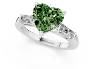 Fancy Green Heart Cut Diamond Solitaire Ring Set in Silver with Tapered Baguette Side Stones and Prong Setting