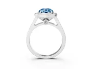 Fancy Blue Round Cut Diamond Halo Solitaire Ring Set in White gold with Pavé Band and Bezel Setting