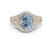 Oval Halo Pavé Engagement Ring Setting for a Fancy Blue Lab-Grown Diamond | Narrow Split Shank | Yellow Gold