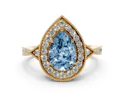 Pear-Shaped Milgrain Halo Engagement Ring Setting for a Fancy Blue Lab-Grown Diamond | Graduated Pavé | Yellow Gold