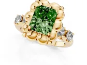 Fancy Green Radiant Cut Diamond Floral Halo Ring Set in Yellow gold with Shared Prong Band