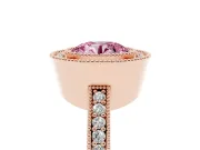 Fancy Pink Round Cut Diamond Halo Engagement Ring Set in Rose gold with Pavé Band and Round Halo Stones