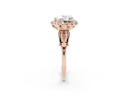 Heart Cut Diamond Halo Engagement Ring Set in Rose gold with Filigree Band and Prong-Set Center