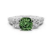 Fancy Green Cushion Cut Diamond Three-Stone Ring Set in Silver with Round Side Stones and Pavé Band