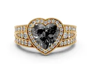 Fancy Black Heart Cut Diamond Halo Ring Set in Yellow gold with Accent Split Shank and Prong Setting