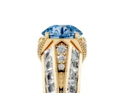 Fancy Blue Round Cut Diamond Vintage-Inspired Milgrain Ring Set in Yellow gold with Accent Split Shank