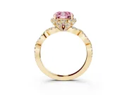 Fancy Pink Cushion Cut Diamond Halo Twist Band Solitaire Ring Set in Yellow gold with Prong-Set Center Stone