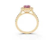 Fancy Pink Radiant Cut Diamond Milgrain Floral Halo Engagement Ring Set in Yellow gold with Pavé Band