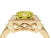 Fancy Yellow Princess Cut Diamond Halo Engagement Ring Set in Yellow gold with Milgrain Pavé Band