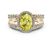 Fancy Yellow Oval Cut Diamond Halo Ring Set in Yellow gold with Pavé Split Shank and Prong Setting