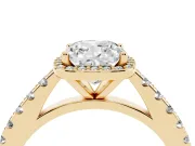 Cushion Cut Diamond Halo Engagement Ring Set in Yellow gold with Pavé Band and Prong Setting