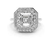 Asscher Cut Pave Halo Engagement Ring Setting | Slim Plain Band | White Gold