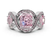 Radiant Cut Three Stone Halo Engagement Ring Setting for a Fancy Pink Lab-Grown Diamond | Pavé Wave Band | Platinum