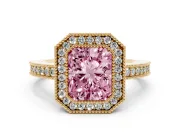 Radiant Cut Milgrain Halo Engagement Ring Setting for a Fancy Pink Lab-Grown Diamond | Pave Band | Yellow Gold