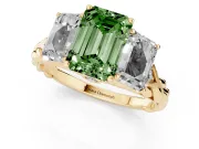 Fancy Green Emerald Cut Diamond Three-Stone Ring Set in Yellow gold with Braided Band