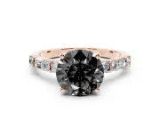 Fancy Black Round Cut Diamond Solitaire Set in Rose gold with Side Baguettes and Channel Set Band