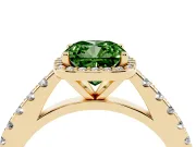 Fancy Green Cushion Cut Diamond Halo Engagement Ring Set in Yellow gold with Pavé Band and Prong Setting