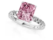 Fancy Pink Radiant Cut Diamond Pavé Solitaire Ring Set in White gold with Round Band and Prong Setting