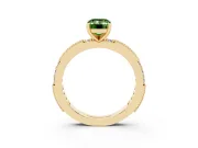 Fancy Green Emerald Cut Diamond Solitaire Ring Set in Yellow gold with Slim Pavé Band and Prong Setting