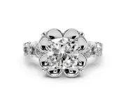 Cushion Cut Floral Engagement Ring Setting | Petal Frame and Side Stones | Platinum