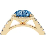 Fancy Blue Round Cut Diamond Halo Engagement Ring Set in Yellow gold with Pavé Band and Prong Setting