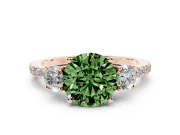 Fancy Green Round Cut Diamond Three-Stone Ring Set in Rose gold with Pavé Band and Graduated Sides