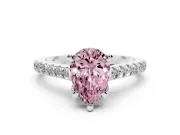 Fancy Pink Pear Cut Diamond Solitaire Ring Set in Silver with Brilliant Pavé Band and Prong Setting