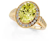 Fancy Yellow Oval Cut Diamond Milgrain Halo Solitaire Ring Set in Yellow gold with Bezel Set Side Stones and Pavé Band